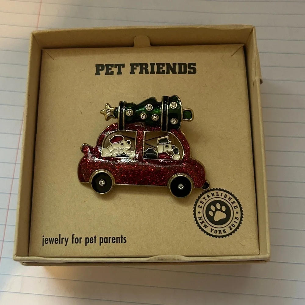 NWT Vintage Pet Friends Red Car Christmas Dogs Tree Brooch Gift
